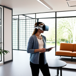 A person wearing a VR headset, standing in a brightly lit, modern therapy office. The VR headset displays a scene of a calm, virtual park. A therapist sits nearby, observing and taking notes. The overall mood is hopeful and innovative.