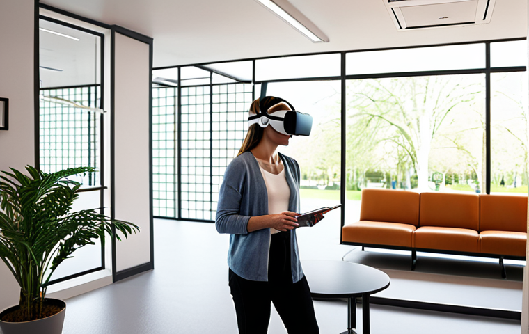 A person wearing a VR headset, standing in a brightly lit, modern therapy office. The VR headset displays a scene of a calm, virtual park. A therapist sits nearby, observing and taking notes. The overall mood is hopeful and innovative.