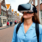 **A patient wearing a VR headset, standing confidently in a busy Dutch street scene, overcoming social anxiety.** (Focus: Overcoming anxiety in a realistic, everyday setting)