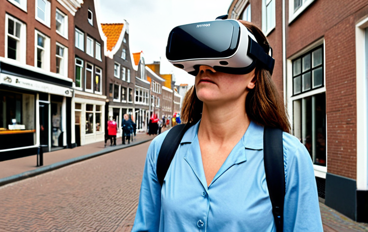 **A patient wearing a VR headset, standing confidently in a busy Dutch street scene, overcoming social anxiety.** (Focus: Overcoming anxiety in a realistic, everyday setting)